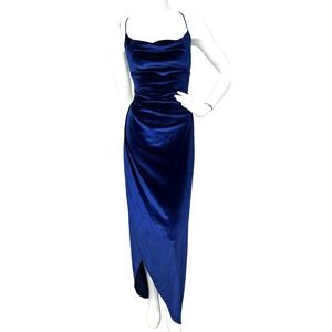 Lucy in the Sky Velvet Dress Size Medium  Open LaceUp Back Blue Slit Long EUC